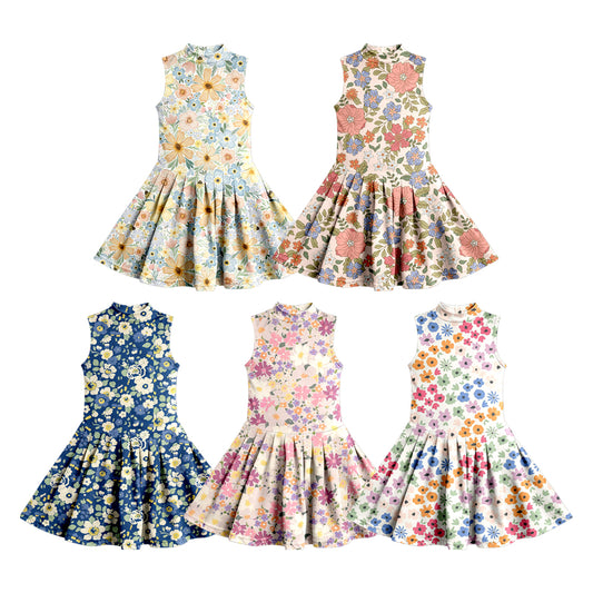 3.7 Custom moq 5 mix size Sibling Baby Girl's Floral Sleeveless Knee-Length Yoga Dress Girls' Summer Casual Dress