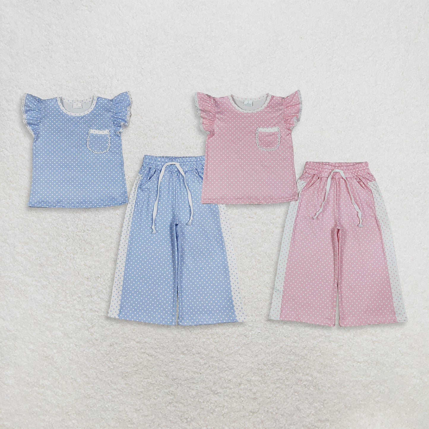 RTS NO MOQ Sibling milk silk Baby Girls Polka Dot Print Flutter Sleeve Pocket Top Matching Flare Pants Clothes Set