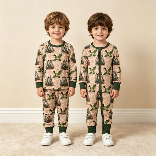 (Preorder new) No moq baby Boys Ducks Boots Camo Long Sleeve Matching Pajamas Set Romper