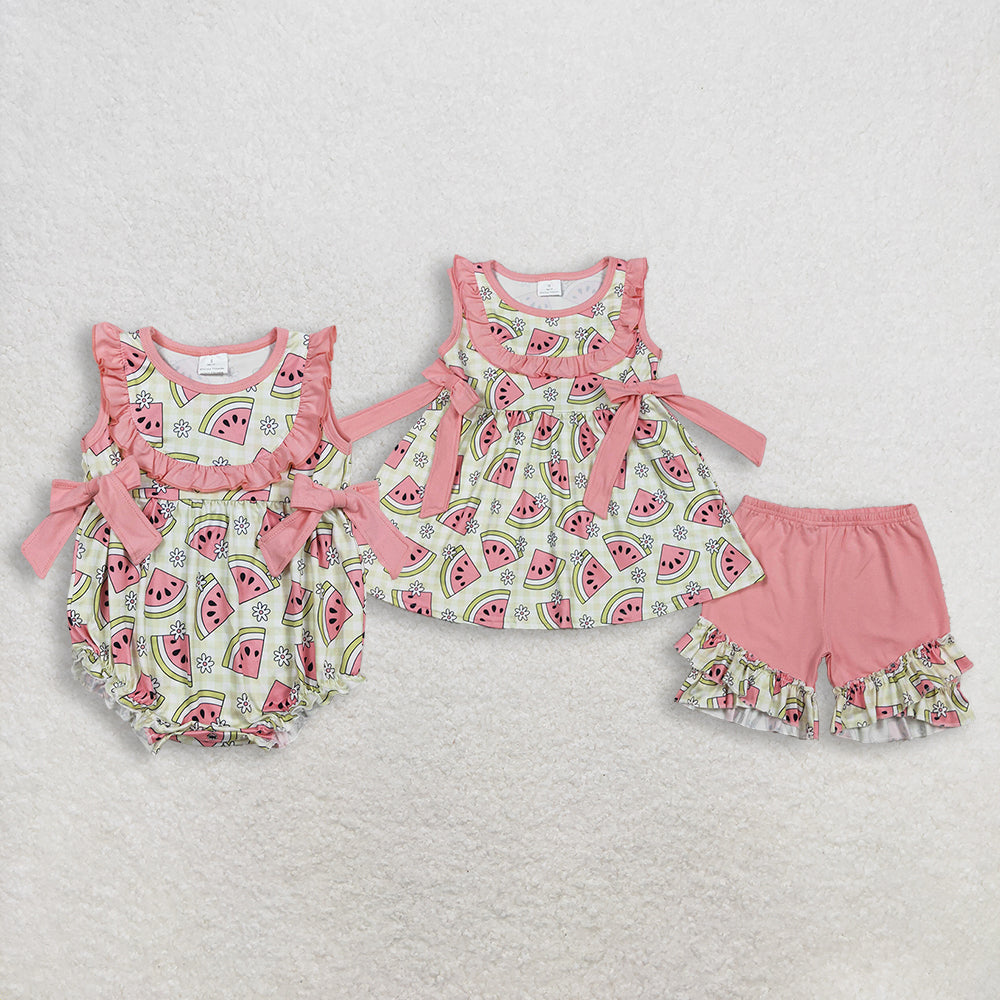 RTS NO MOQ Sibling Baby Girls Green Tunic Ruffle Shorts Outfit Rompers Set with Checked Flowers Watermelons Print for Spring Summer
