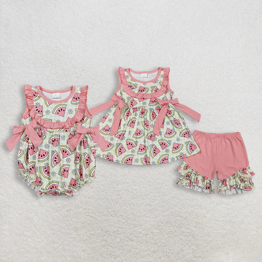 RTS NO MOQ Sibling Baby Girls Green Tunic Ruffle Shorts Outfit Rompers Set with Checked Flowers Watermelons Print for Spring Summer