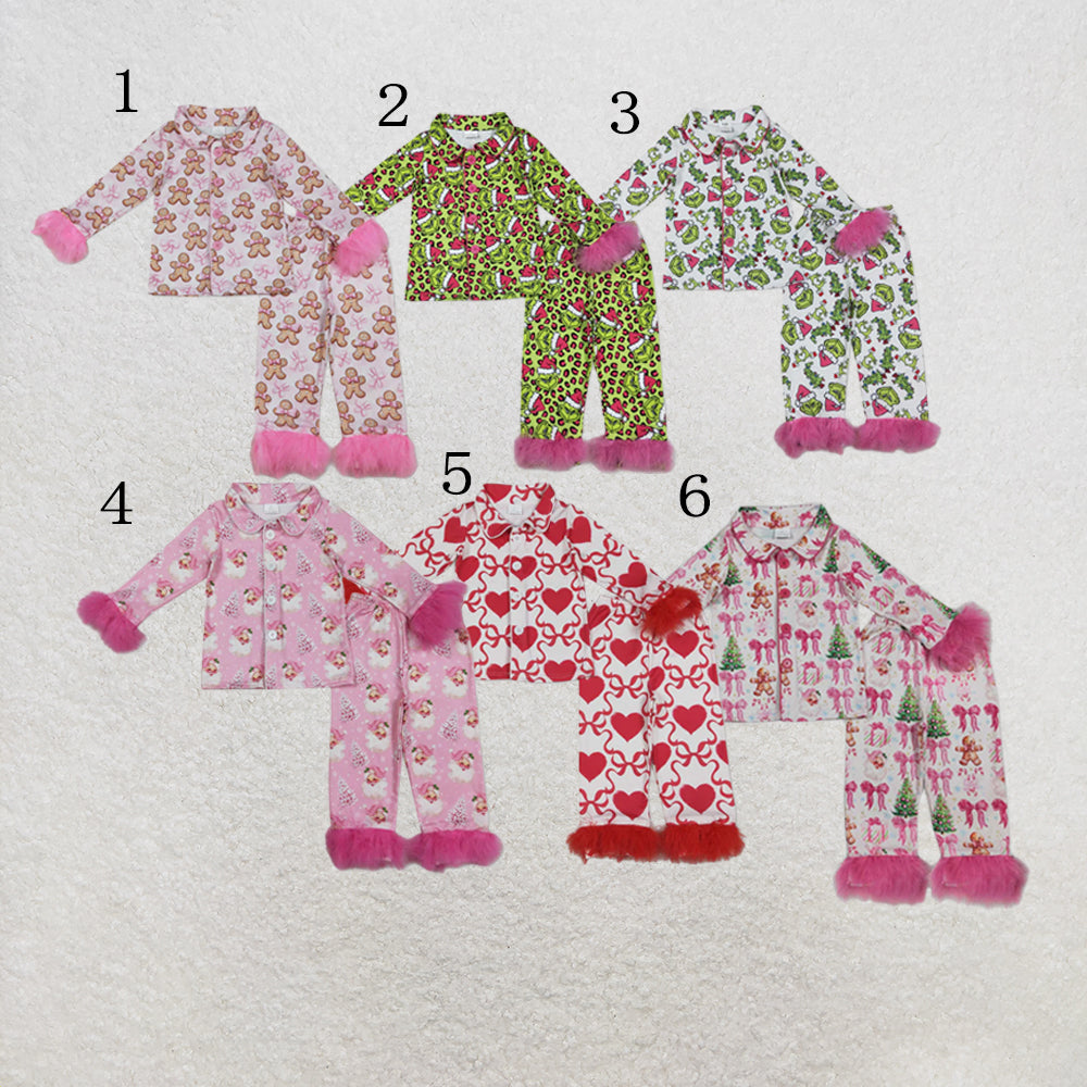 RTS Sibling Baby Girls Sister Christmas Bows Santa Buttons Top Pants Fur Pajamas Clothes Sets
