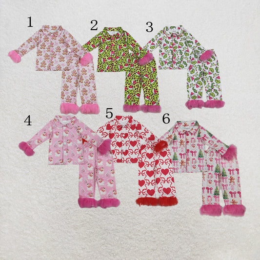 RTS Sibling Baby Girls Sister Christmas Bows Santa Buttons Top Pants Fur Pajamas Clothes Sets