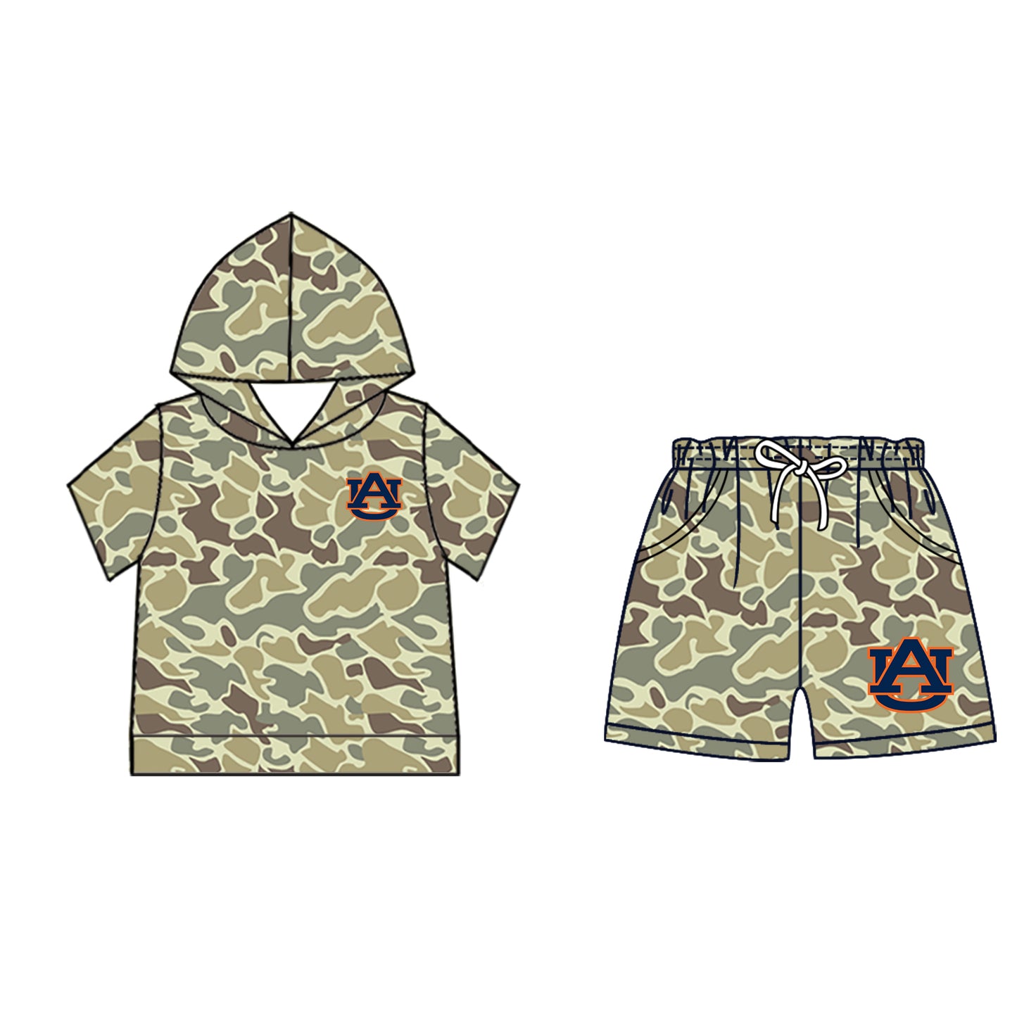 Custom moq 5 mix size milk silk summer teams Baby Camo Hooded Short Sleeve Top and Shorts Set Ice Cream Drips Navy Blue Hooded Top with Matching Shorts