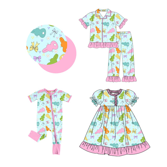 25.9.25 custom each style moq 8 eta 6-8week Sibling Sisters bunny bow baby girl short sleeve pants sets and dress and rompers match family design