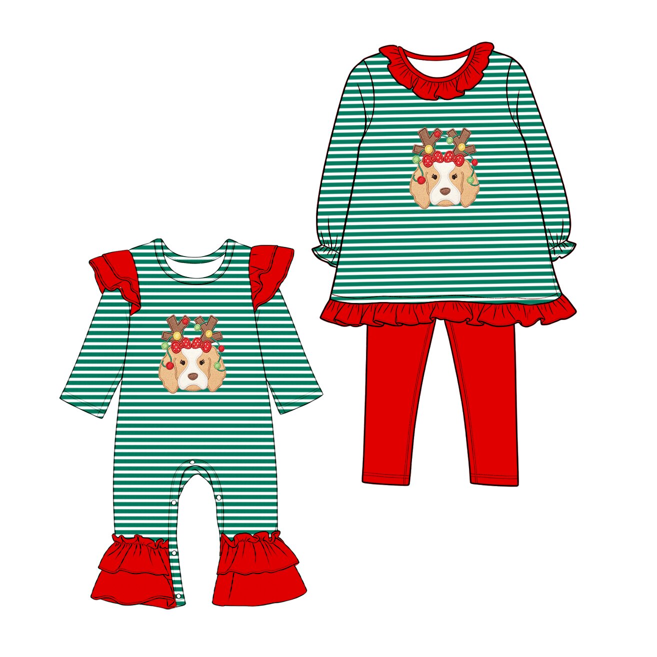 (Preorder new) No moq Embroidery Baby Girls Lights Dog Print Long Sleeve Stripe Tunic Leggings Christmas Holiday Matching Clothes Sets Rompers