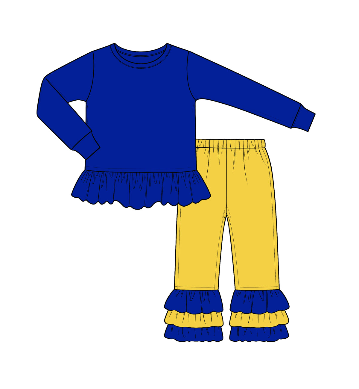 Custom moq 5 cotton fabric fall grils ruffle bow Blue and yellow long-sleeved lace-detail top and trousers set blank offer custom logodie sets