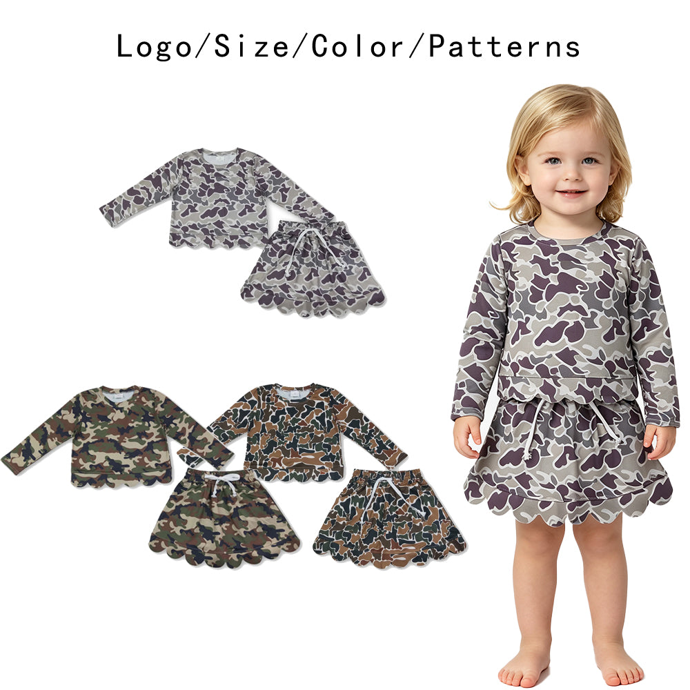 RTS NO MOQ Sibling milk silk Baby Girls Camo Print Scalloped Hem Long Sleeve Top And Skort Set