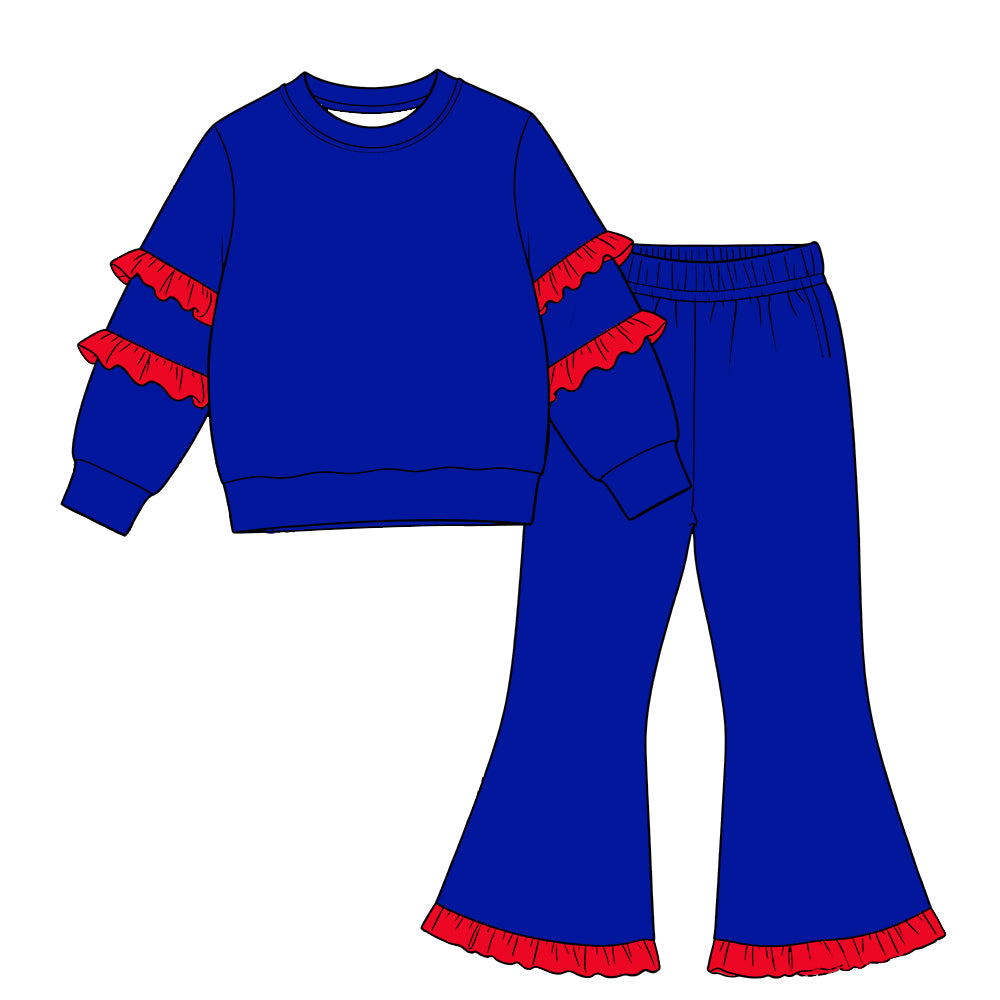 custom moq 5 cotton girls ruffle sets Baby girl's red ruffled blue long-sleeve top and ruffled bell-bottom pants set