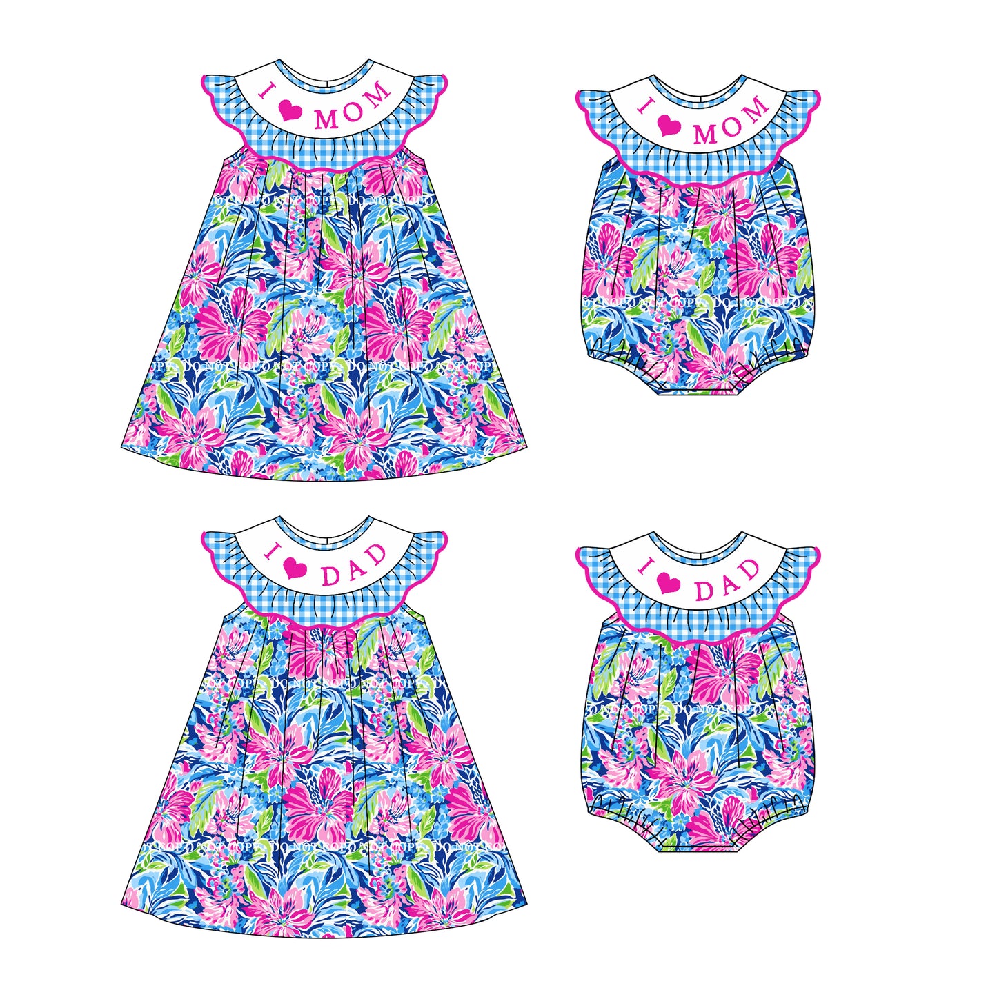 4.22 custom each style moq 5eta 4-6week Sibling Sisters I LOVE MOM DAD floral girl short sleeve dress and rompers match family design