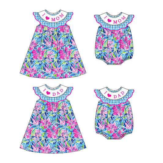 4.22 custom each style moq 5eta 4-6week Sibling Sisters I LOVE MOM DAD floral girl short sleeve dress and rompers match family design
