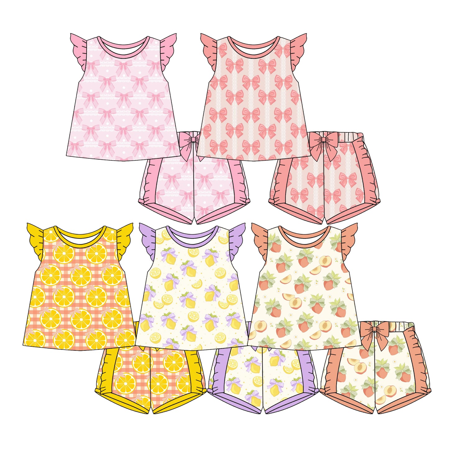 4.7 Custom moq 5 mix size Sibling Baby Girl Fruit Bow Flutter Sleeve Top And Shorts Set Summer Outfit