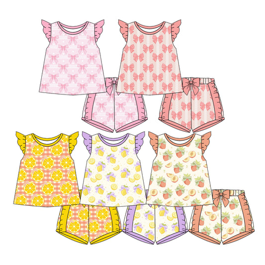 4.7 Custom moq 5 mix size Sibling Baby Girl Fruit Bow Flutter Sleeve Top And Shorts Set Summer Outfit