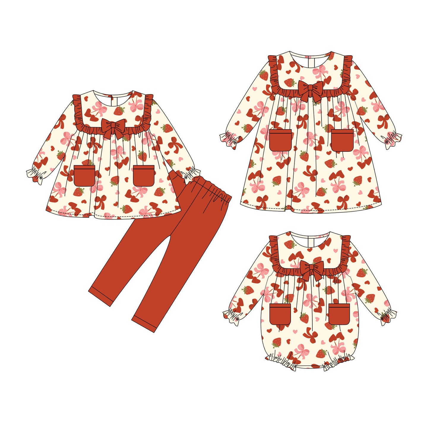 25.10.2 custom each style moq 8 eta 6-8week Sibling Sisters strawberry love bow baby girl long sleeve pants sets and dress and rompers match family design