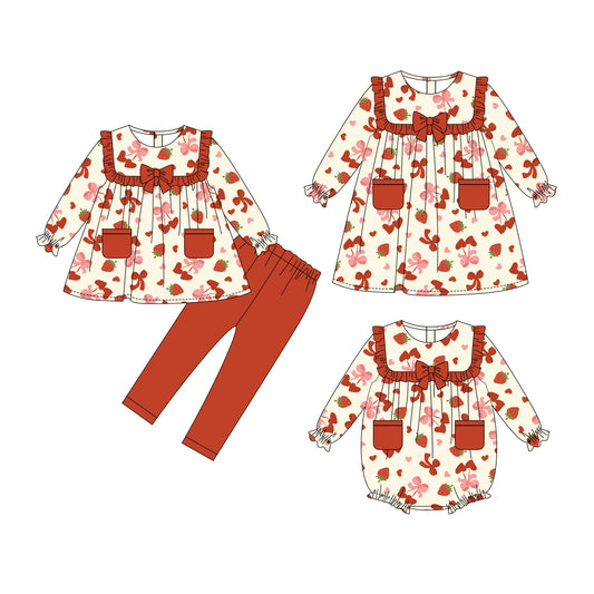 25.10.2 custom each style moq 8 eta 6-8week Sibling Sisters strawberry love bow baby girl long sleeve pants sets and dress and rompers match family design