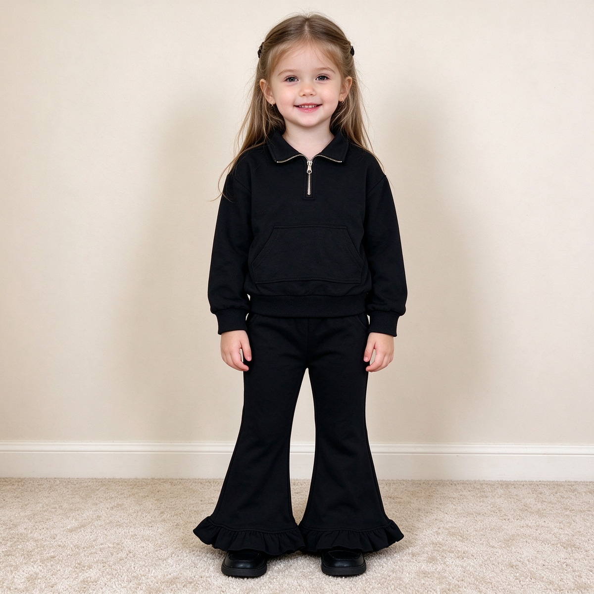 NEW RTS NO MOQ fleece GLP3489（GT1764+P1072）Baby Girls Black Zip Pockets Top Ruffle Flare Pant Sweater Clothes Set Cute Casual Outfit