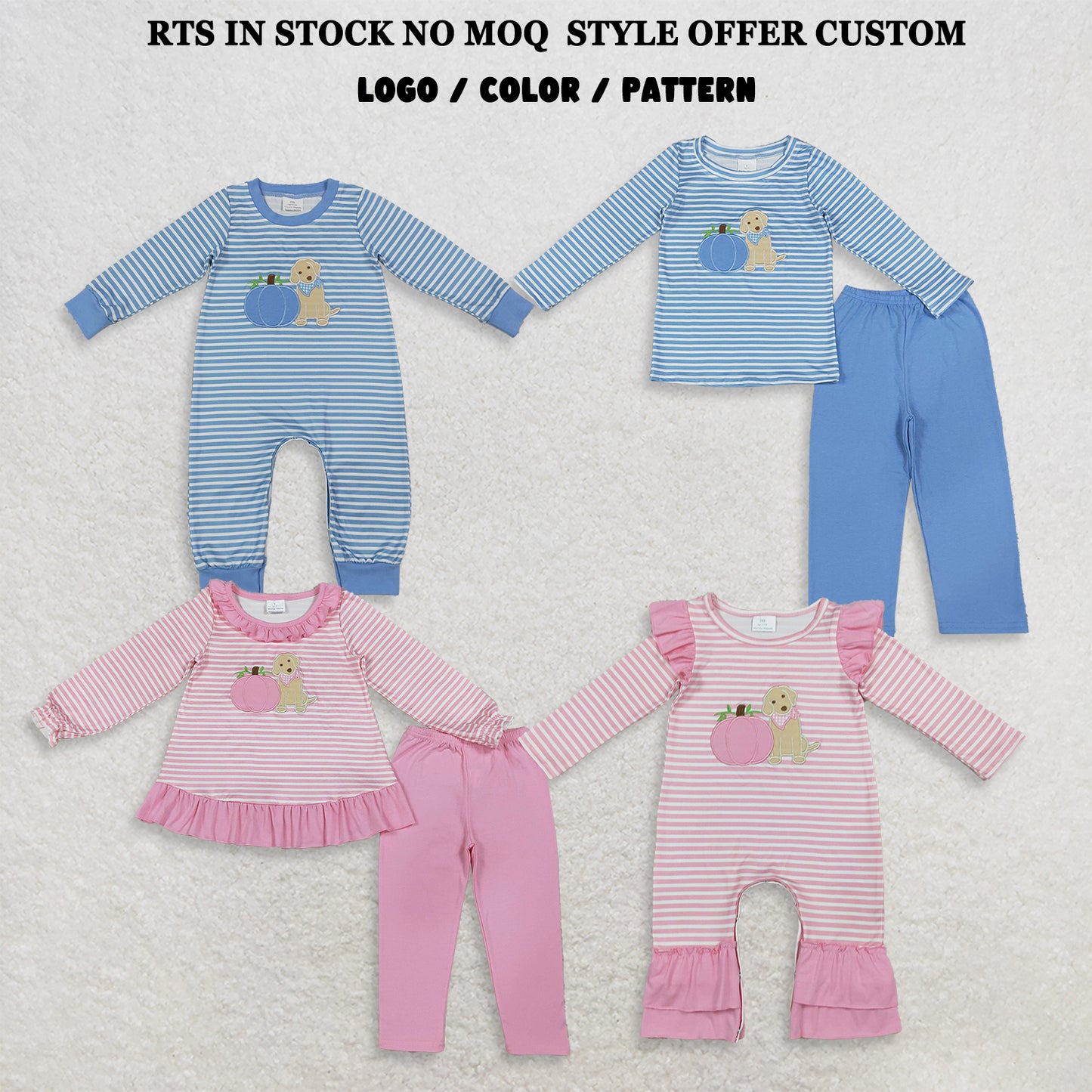 RTS NO MOQ Sibling milk silk Embroidery Pumpkin Dogs Baby Boys Girls Stripe Top Pants Fall Clothes Sets Rompers