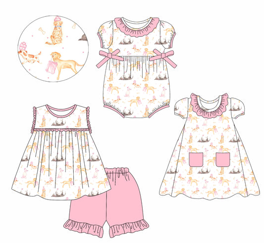 2.14 custom each style moq 5eta 4-6week Sibling Sisters puppy baby girl short sleeve shorts sets and dress and rompers match family design