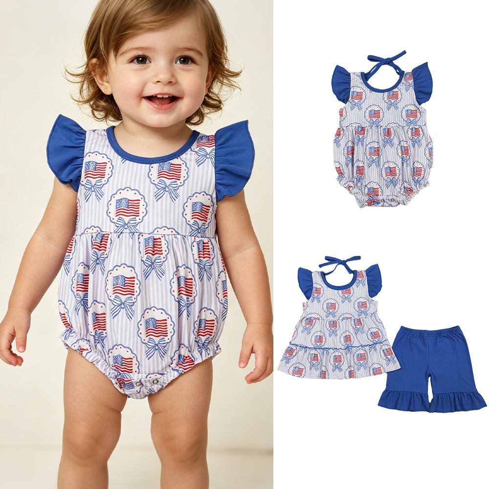 RTS NO MOQ Sibling Baby Girls 4th of July Clothes Set Flags Bows Tunic Ruffle Short Rompers Outfit for Toddlers