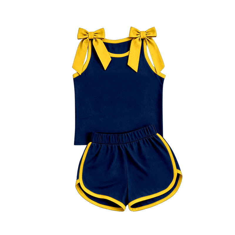 custom moq 5 mix size Baby Girls Yellow Bow Navy Blue Sleeveless Top Shorts Clothes Set
