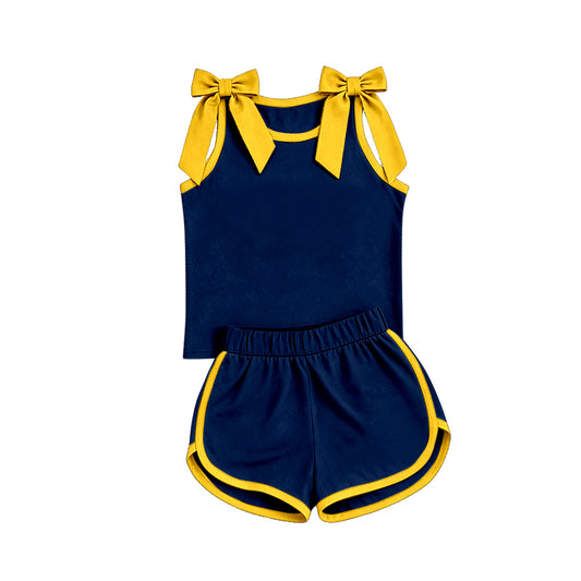 custom moq 5 mix size Baby Girls Yellow Bow Navy Blue Sleeveless Top Shorts Clothes Set