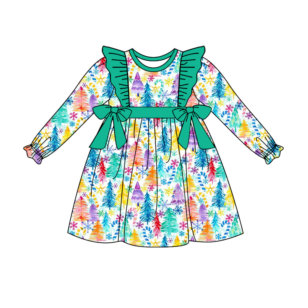 6.3 custom each style moq 5eta 4-6week Sibling Sister Christmas trees teal baby girls outfits and dress and baby romper match family design
