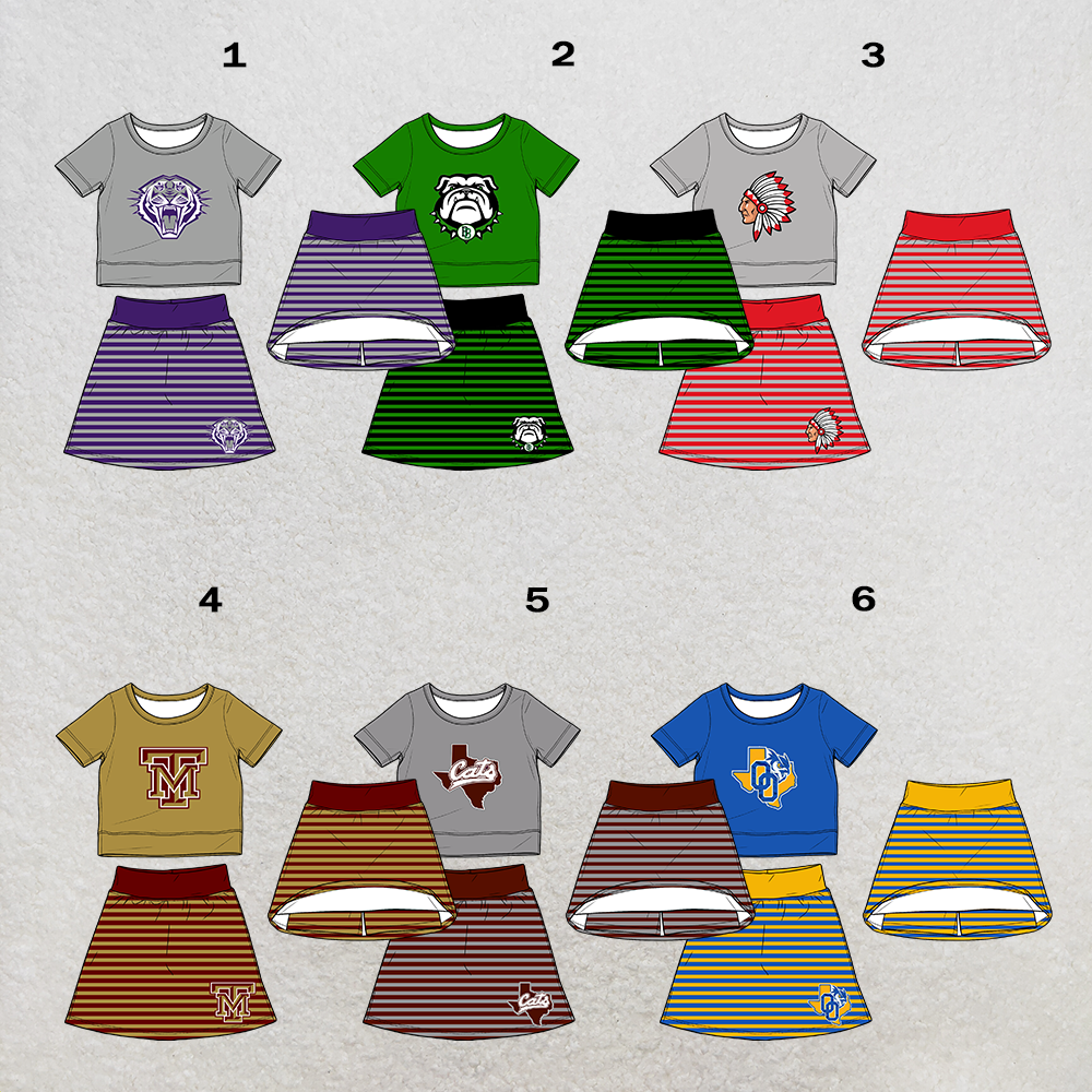 custom moq 5 mix size XY062703 Baby Girls Short Sleeve Top Striped Skirt  Outfit Set