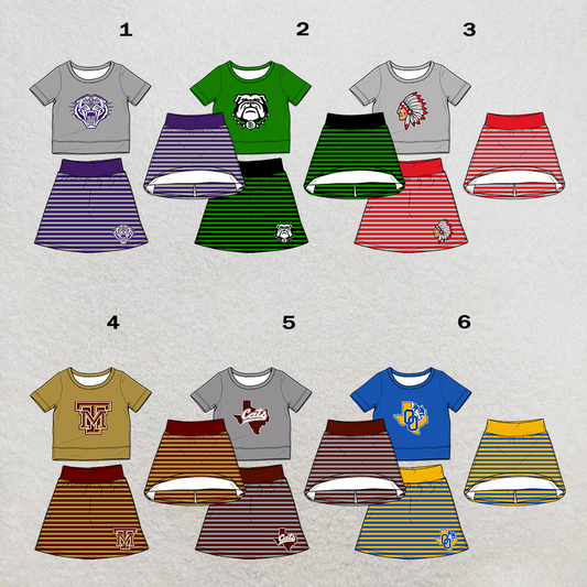 custom moq 5 mix size XY062703 Baby Girls Short Sleeve Top Striped Skirt  Outfit Set