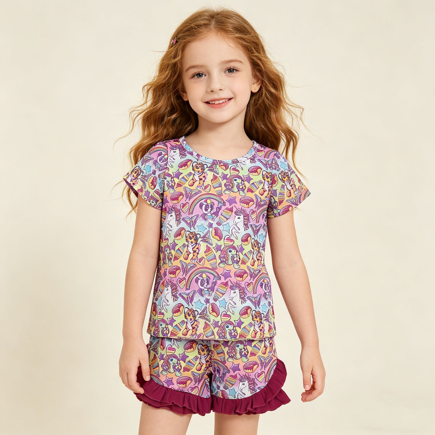 RTS NO MOQ GSSO3472 Cute Clothes Baby Girls Stars And Animals Top Ruffle Shorts Casual Clothes Set