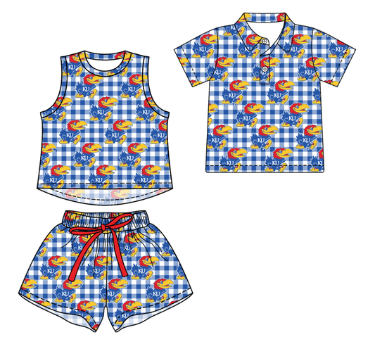 Custom moq 5 mix size milk silk summer teams Checked Girls Sleeveless Blue Top And Short Sets Boys Short Sleeve Button Polo Shirt Top