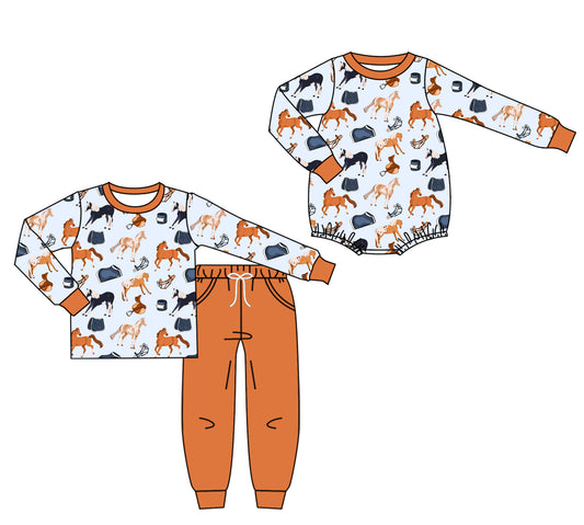 25.7.19 custom each style moq 5eta 4-6week Sibling Sister cow horse baby boy long sleeve pants sets and rompers match family design