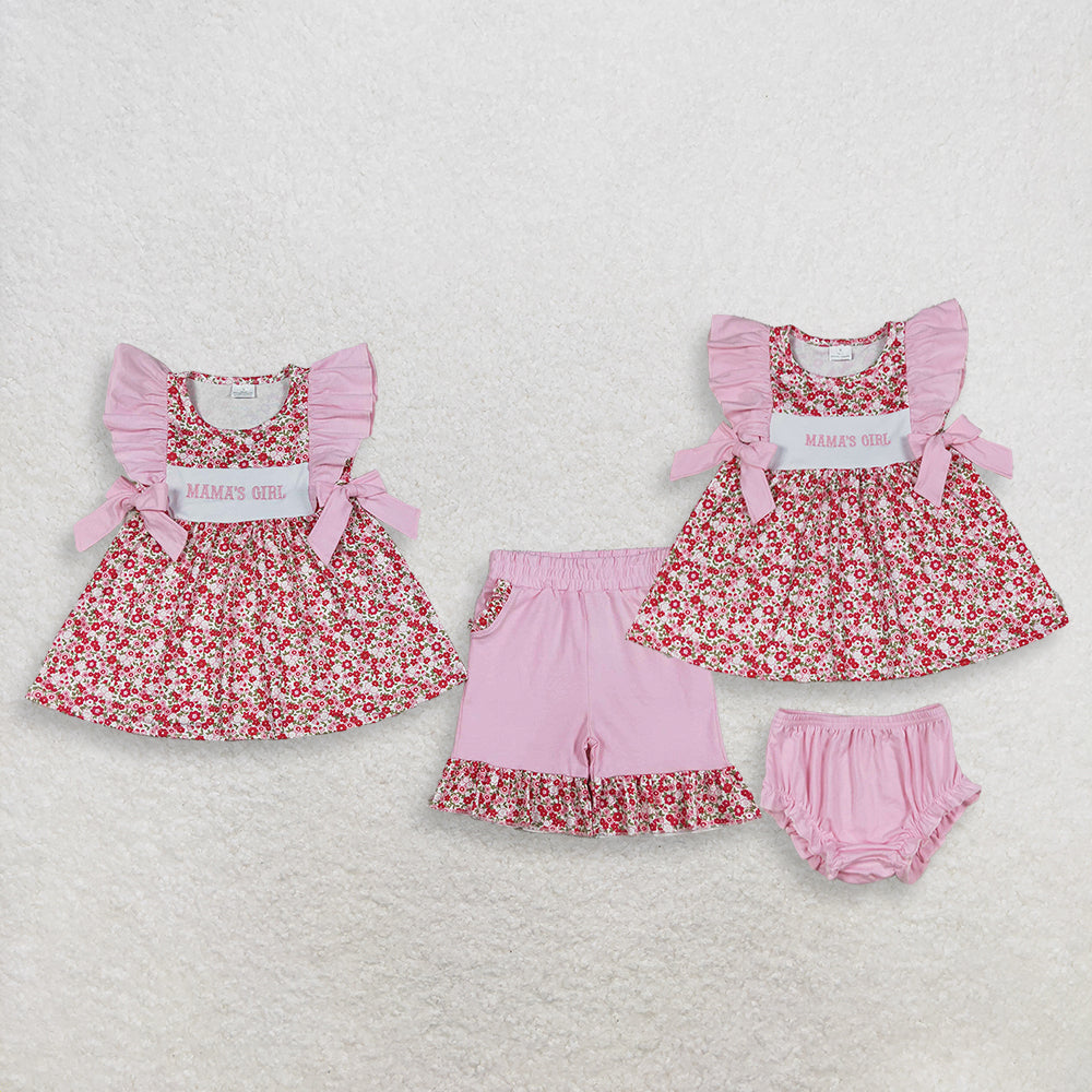 RTS NO MOQ Sibling Baby Girls Embroidery Mama's Girls Flowers Tunic with Pockets Ruffle Shorts Set