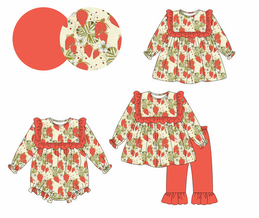 25.5.15 custom each style moq 5eta 4-6week Sibling Sisters bow strawberry floral baby girl long sleeve pants sets and dress and rompers match family design