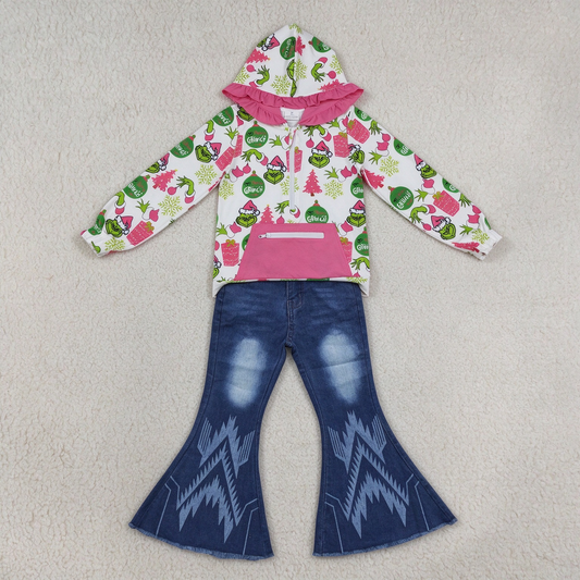 NEW RTS NO MOQ Denim GT1164+ P0126 Cute Clothes Baby Girls Christmas Print Ruffle Hoodie Zip Top Aztec Print Flare Bell Bottom Denim Jeans Set