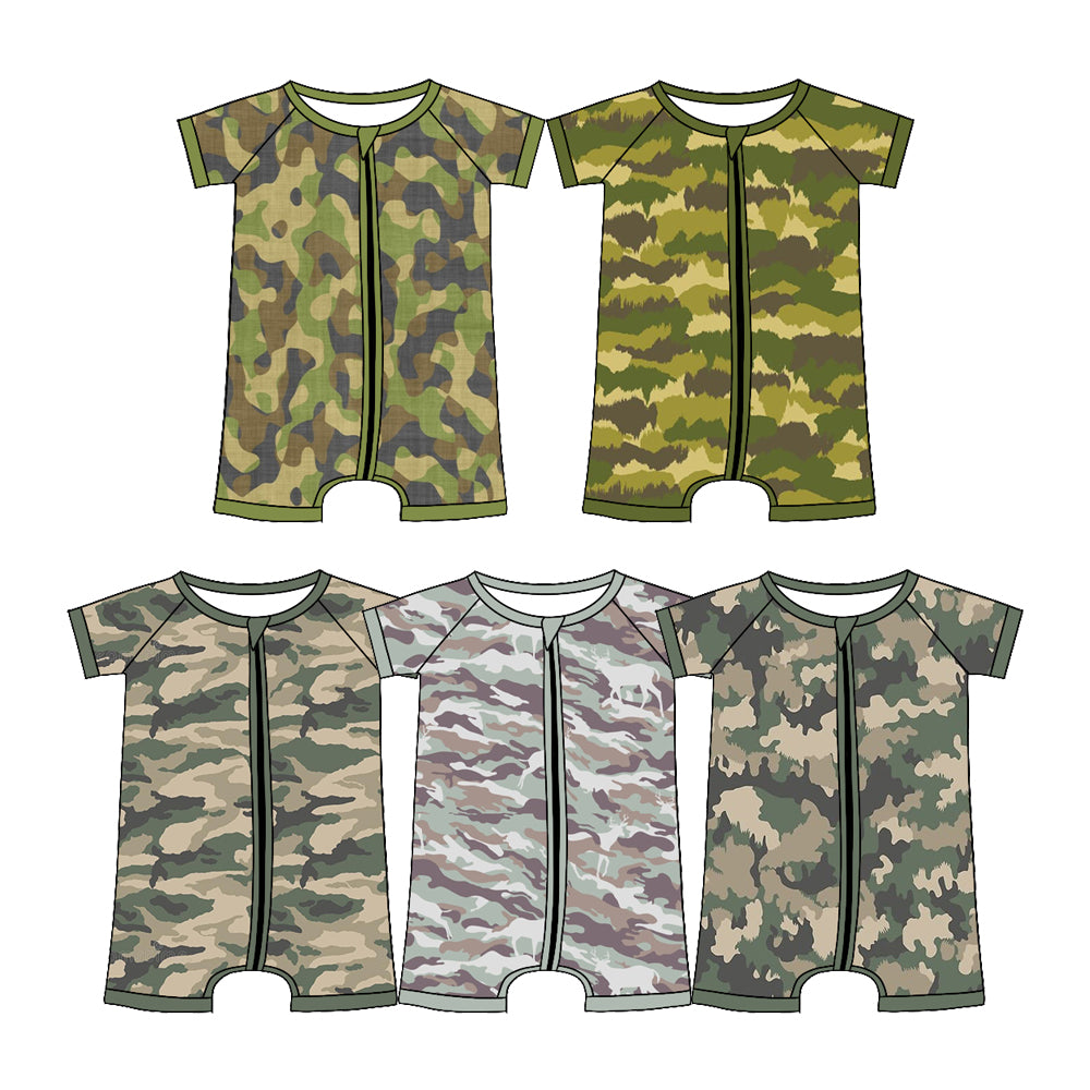 Custom moq 5 mix size Sibling Baby Boy Camouflage Zippered Romper Short-Sleeved Outfit for Infants