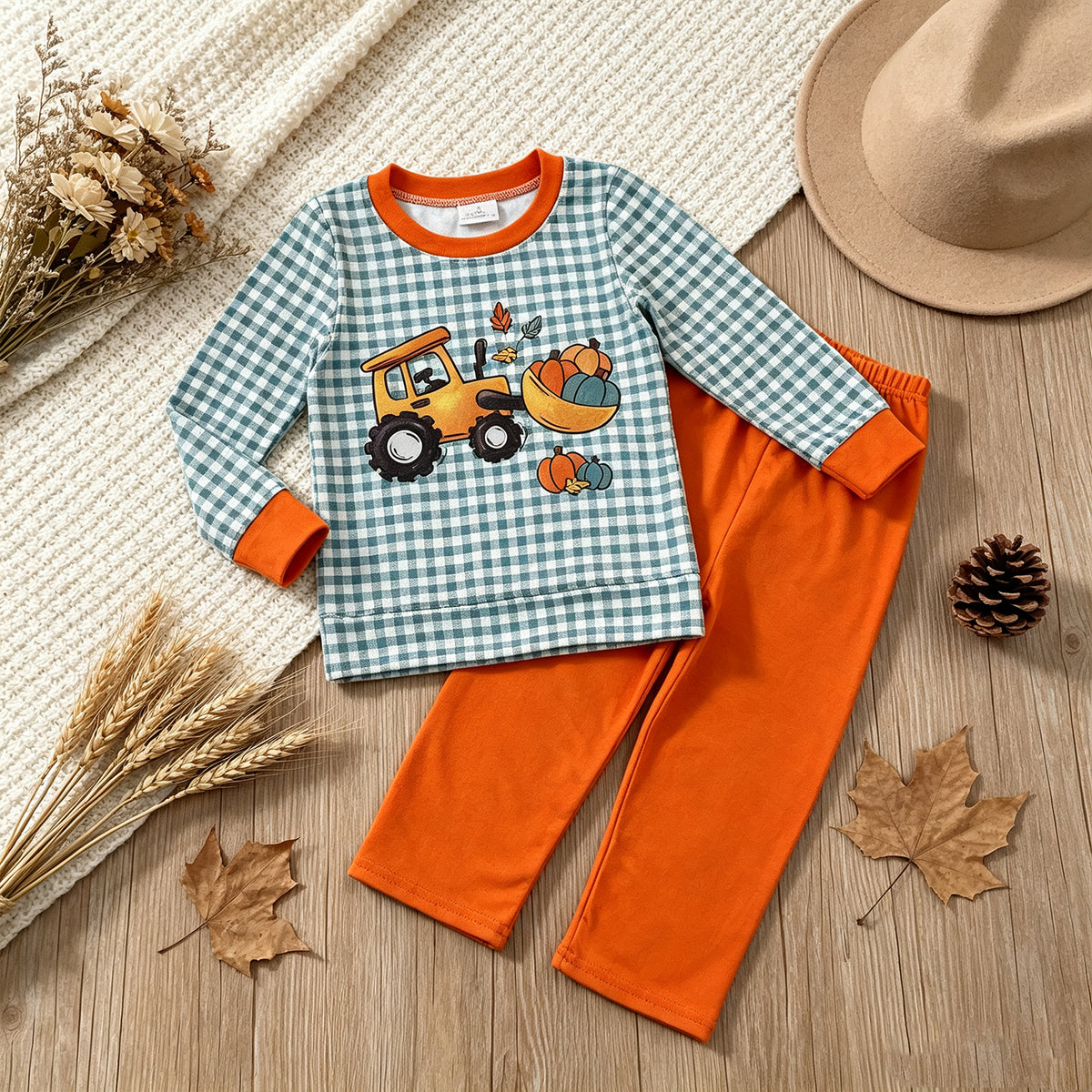 NEW RTS NO MOQ milk silk BLP1542 Baby Boys Pumpkins Truck Checked Top Pant Fall Set