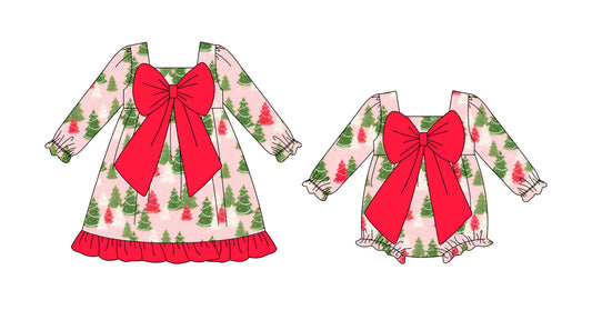 25.8.9 custom each style moq 5eta 4-6week Sibling Sisters Christmas trees baby girl long sleeve dress and rompers match family design