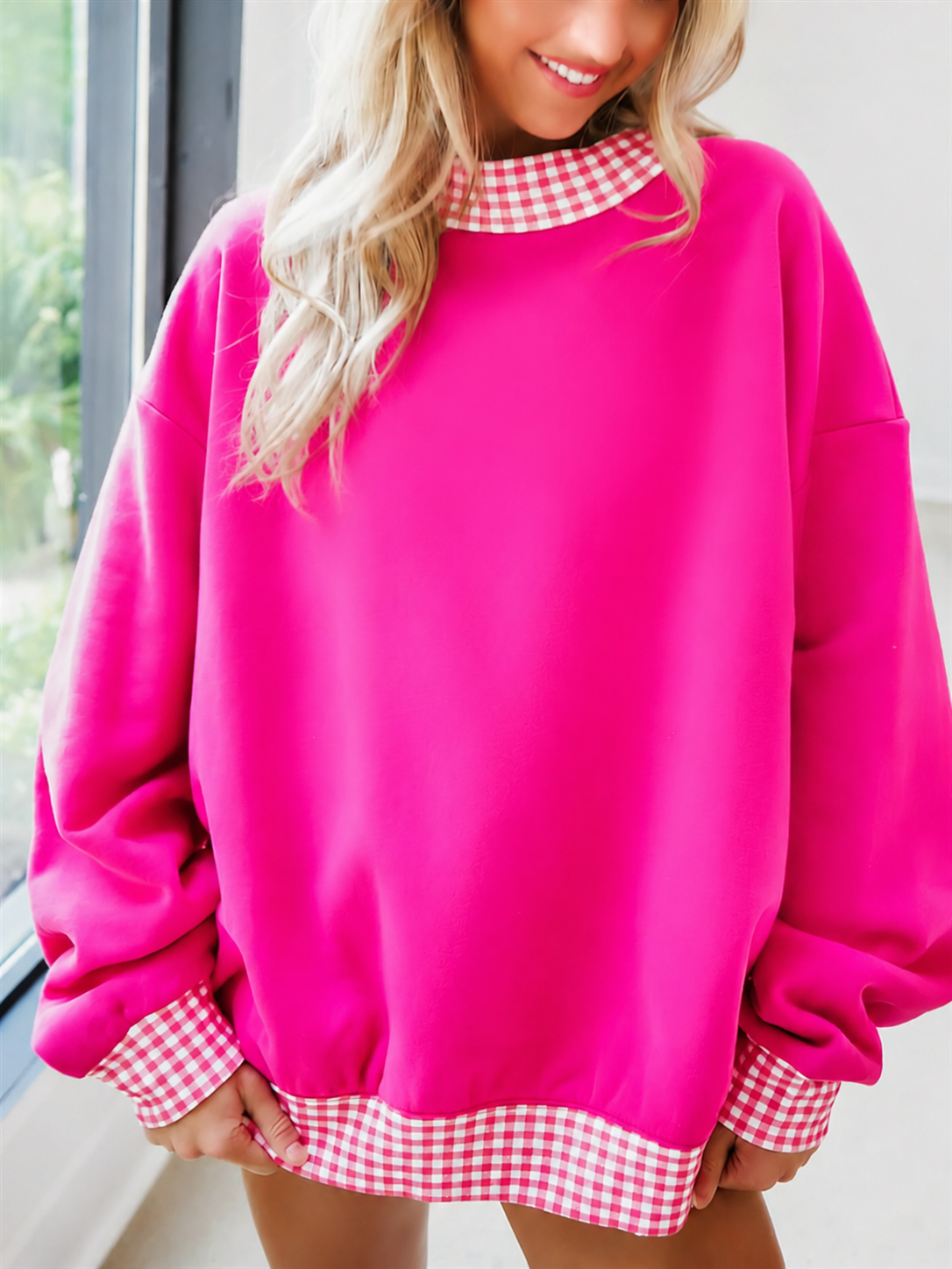 (Preorder new) No moq Kids And Adult Hot pink Long Sleeve Crew Neck Casual Top