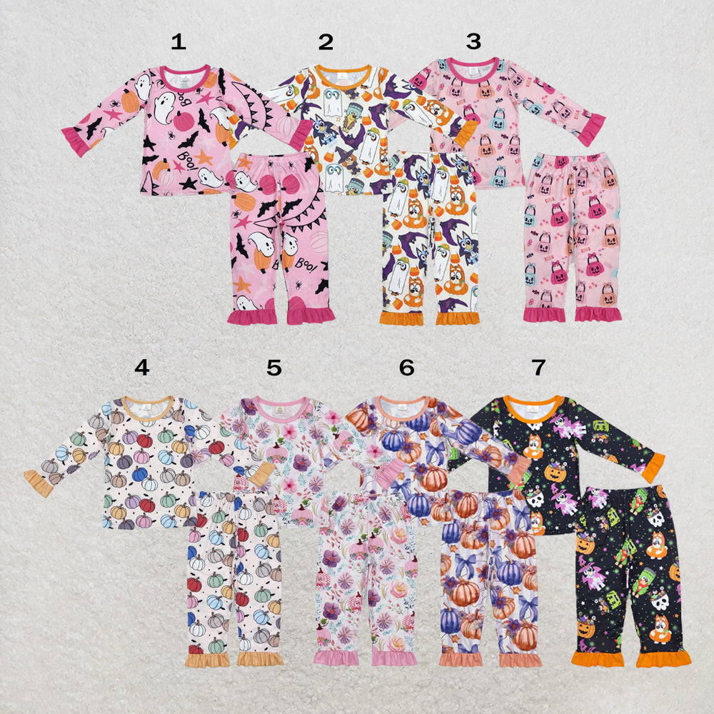 RTS NO MOQ Sibling milk silk Baby Girls Pumpkin Bows Print Long Sleeve Top Pants Two Piece Bamboo Fabric Pajamas Clothes Sets