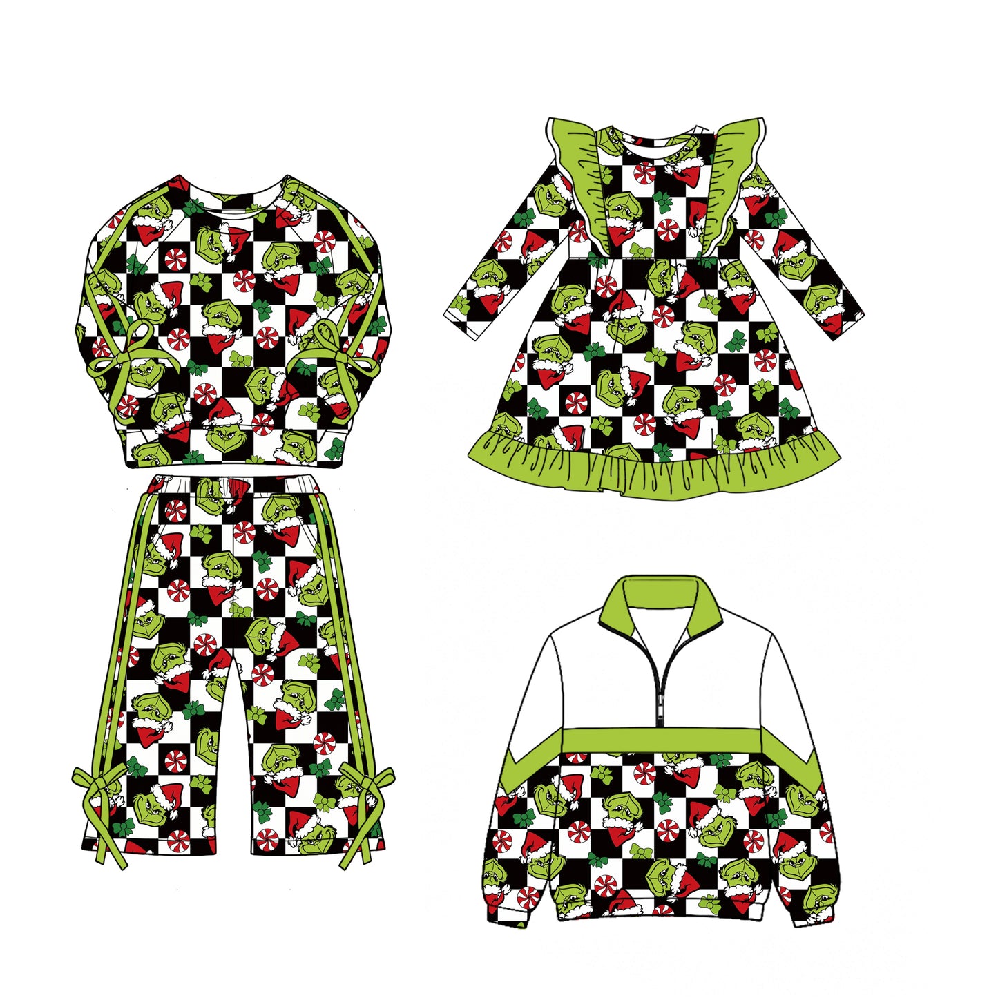 (Preorder new) No moq Baby Green Checked Long Sleeve Pants Sets Dress Matching Zip Up Long Sleeve Sweater