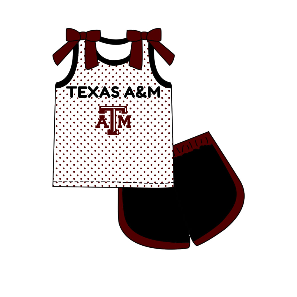 Custom moq 5 mix size summer teams Girls Dark Red Polka Dot Top Shorts Set Bows Top Skirt Short Set Zipper Pullover Pants Set