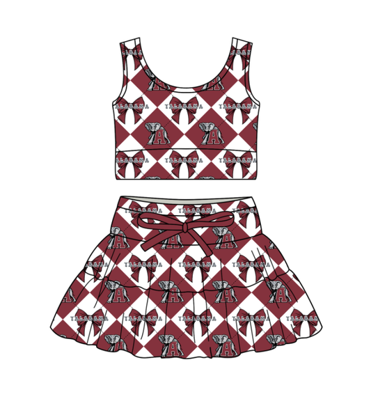 Custom moq 5 mix size Dark Red Plaid Baby Girl Sleeveless Top And Skirt Team Outfit Children's Clothing