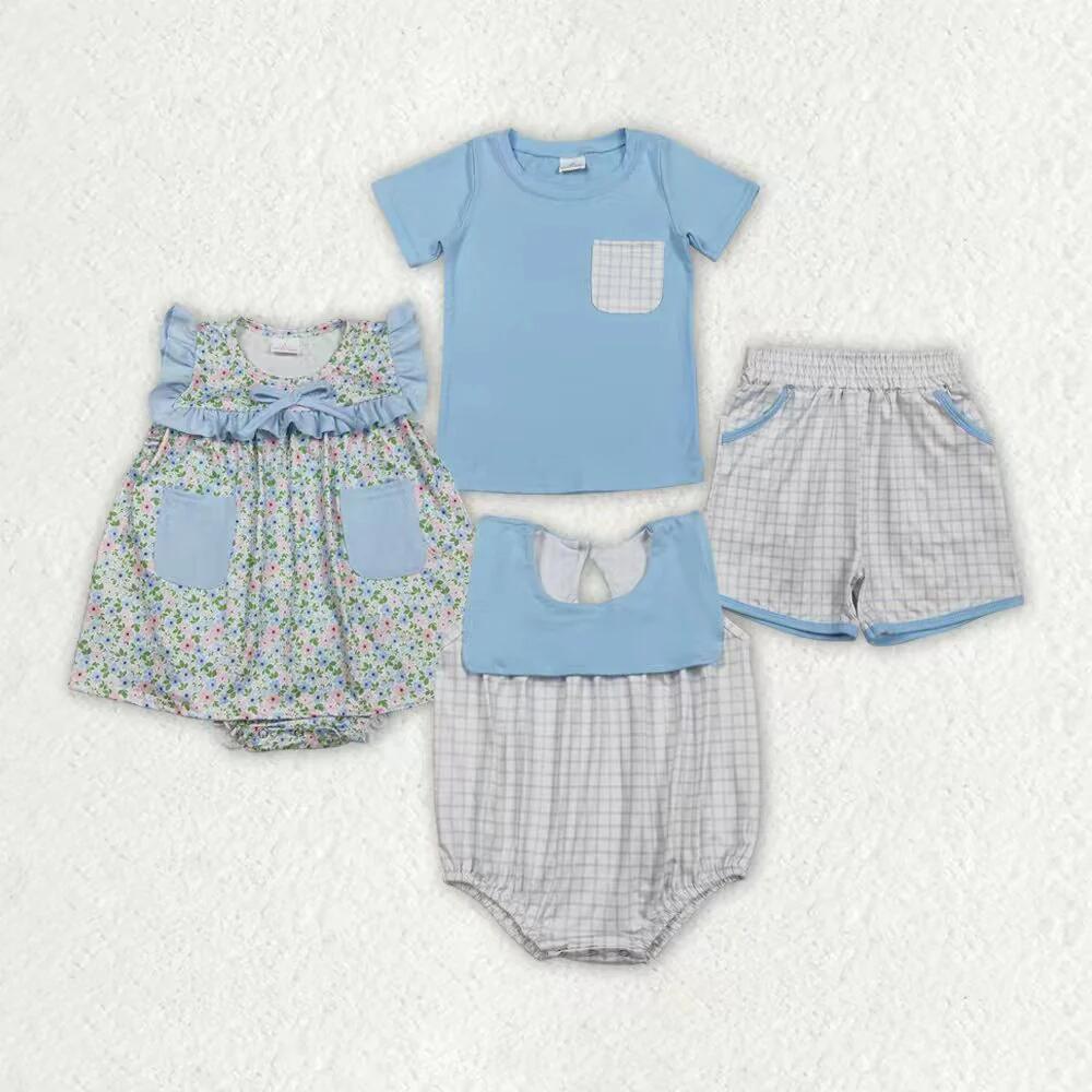 RTS NO MOQ Sibling Baby Boys Blue Short Sleeve Shirt Top with Checked Pockets Matching Shorts Outfit Set Rompers for Infants