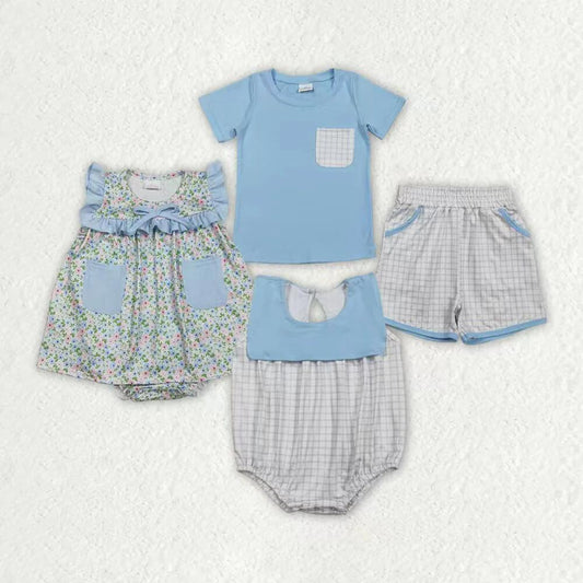 RTS NO MOQ Sibling Baby Boys Blue Short Sleeve Shirt Top with Checked Pockets Matching Shorts Outfit Set Rompers for Infants