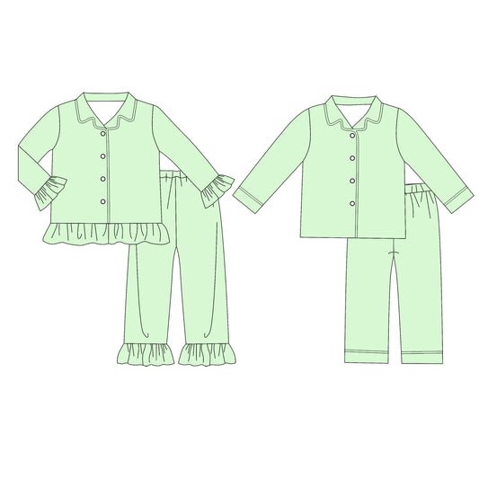 custom moq 5 mix size Baby Boys And Girls Solid Mint Green Long Sleeve Collared Button Down Pant Pajama Set
