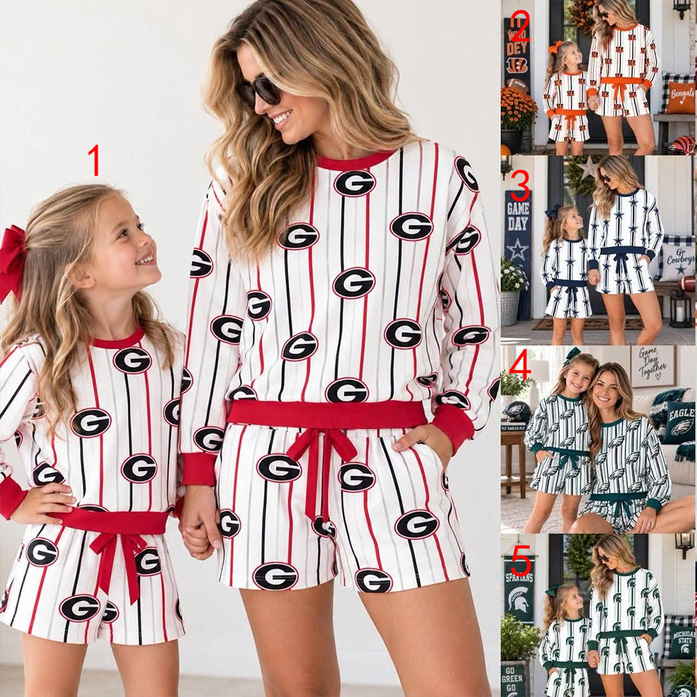 custom moq 5 mix size ASHLEYLM0102 Baby Kids Team Letter Stripe Print Long Sleeve Top And Shorts Set