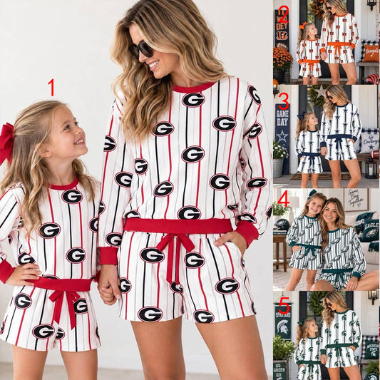 custom moq 5 mix size ASHLEYLM0102 Baby Kids Team Letter Stripe Print Long Sleeve Top And Shorts Set