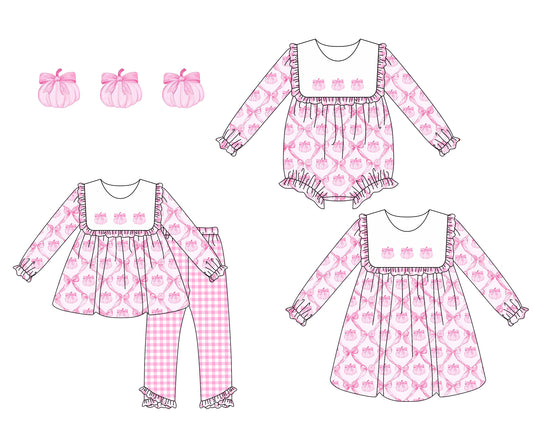 25.6.6 custom each style moq 5eta 4-6week Sibling Sisters pumpkin bow pink baby girl long sleeve pants sets and dress and rompers match family design