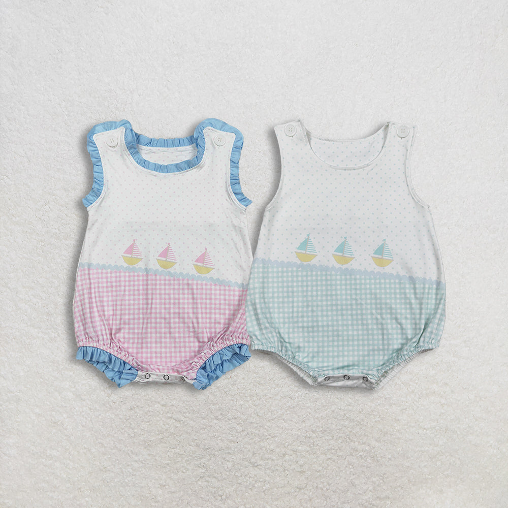 RTS NO MOQ Sibling Baby Boys Sleeveless Boatneck Polka Dot Ruffle Rompers Cute Baby Boys Outfit for Summer