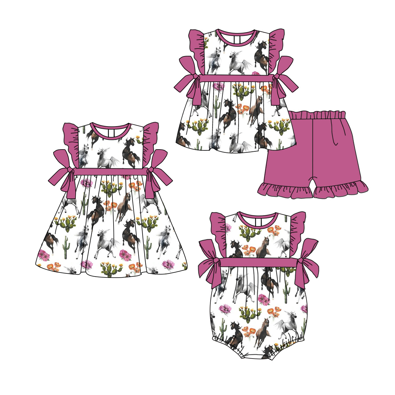 2.24 custom each style moq 5eta 4-6week Sibling Sisters horse baby girl short sleeve shorts sets and dress and rompers match family design